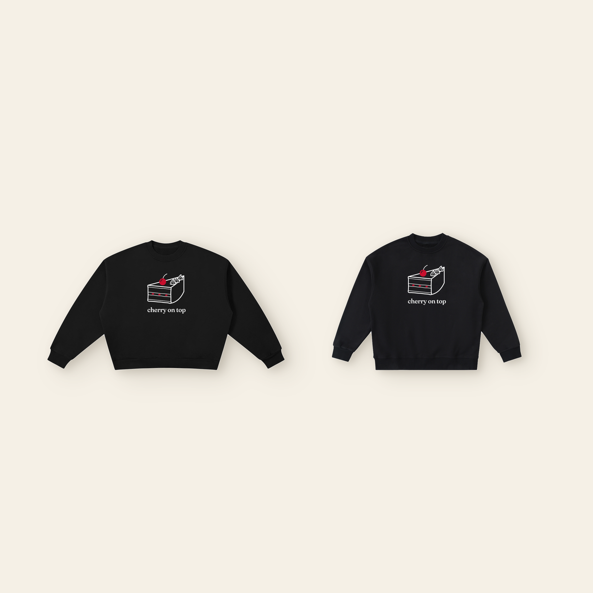 The Cherry on Top Cake Sweatshirt Pair: one kids' and one adult piece laid side by side, the same design at two sizes