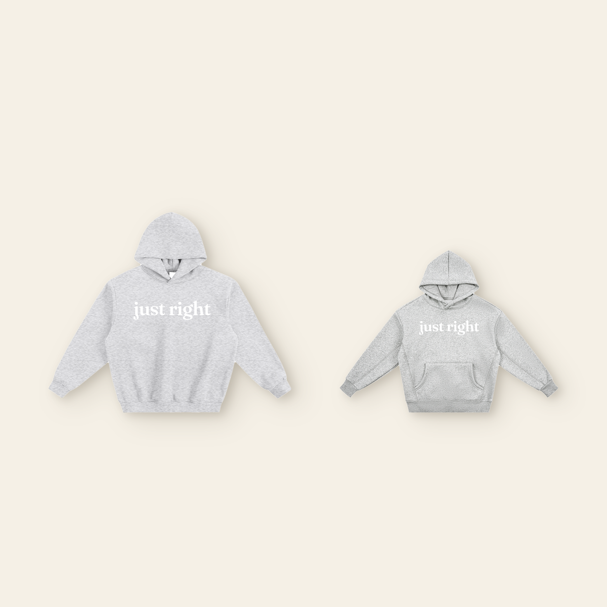The Just Right Back Wave Hoodie Pair: one kids' and one adult piece laid side by side, the same design at two sizes