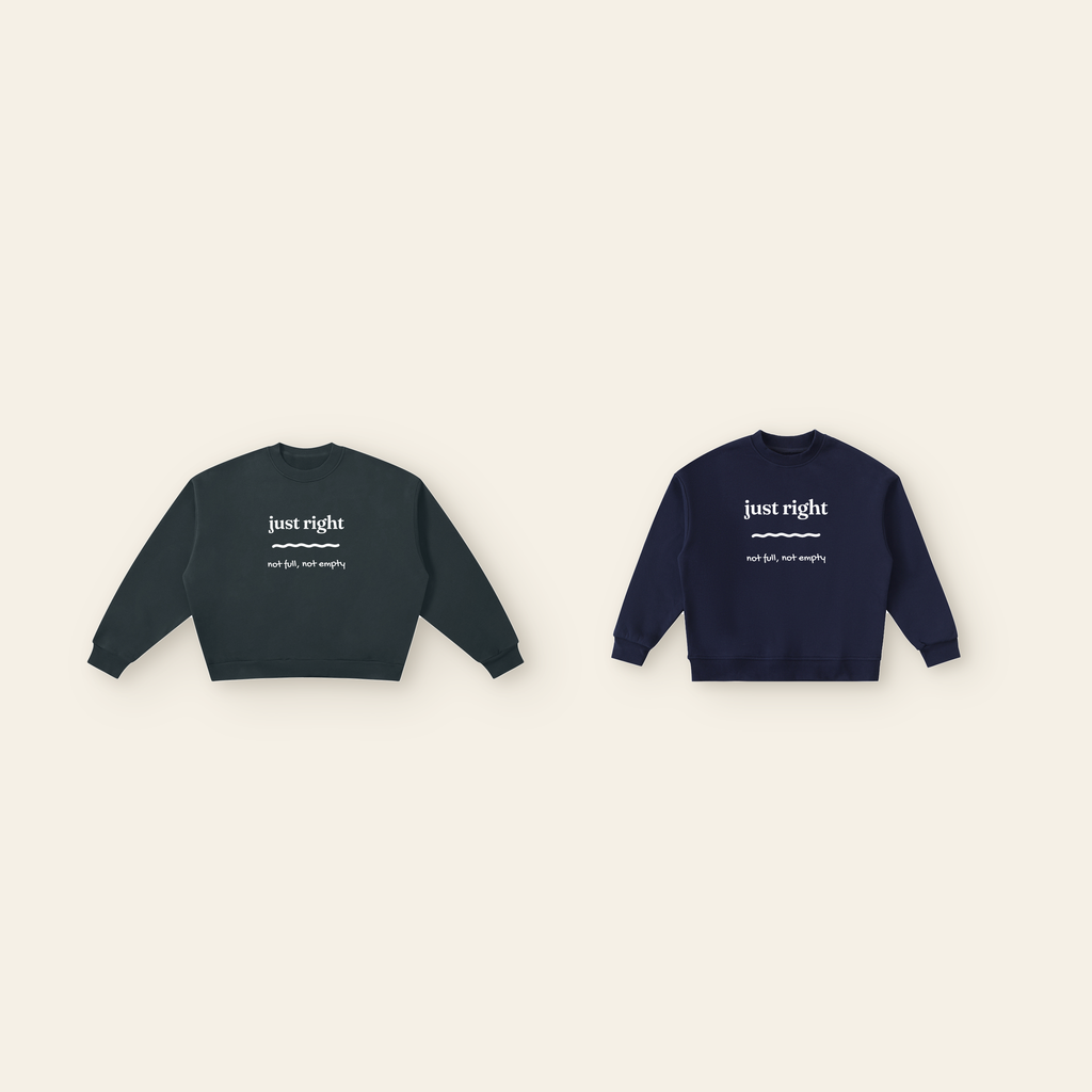 The Just Right Full Lettering Sweatshirt Pair: one kids' and one adult piece laid side by side, the same design at two sizes