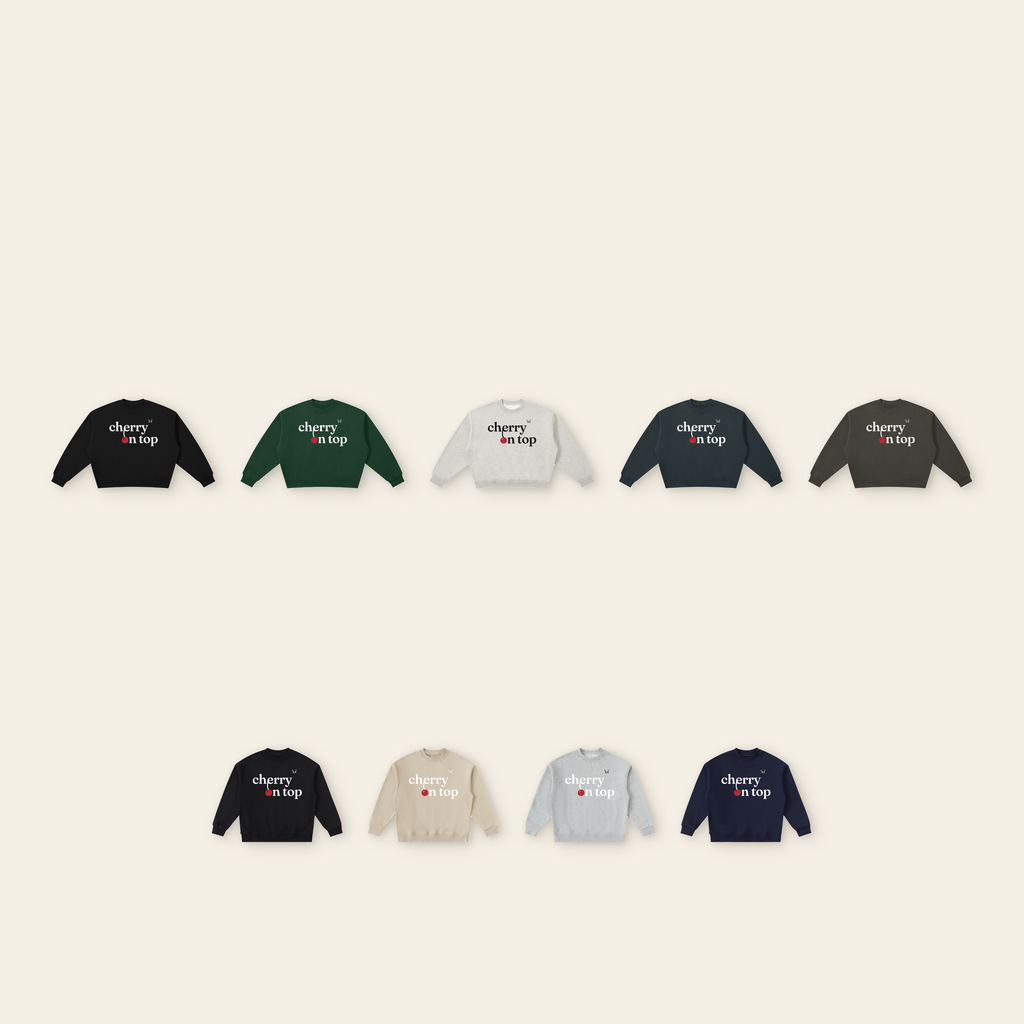 The Cherry on Top Lettering Sweatshirt Pair: every color — adult Black, Dark Green, Heather Gray, Navy Blue, Dark Gray; kids Black, Khaki, Heather Gray, Navy Blue. Pick each on its own