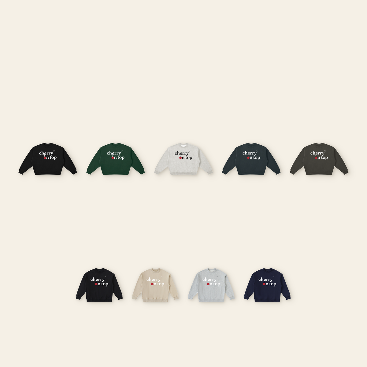 The Cherry on Top Lettering Sweatshirt Pair: every color — adult Black, Dark Green, Heather Gray, Navy Blue, Dark Gray; kids Black, Khaki, Heather Gray, Navy Blue. Pick each on its own
