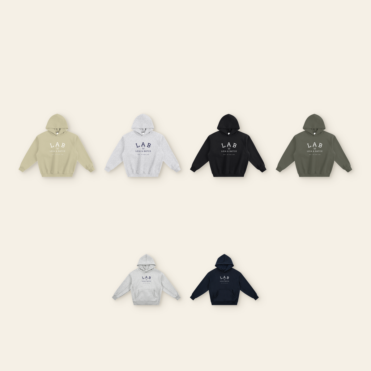 The Batce Lab Fleece Hoodie Pair: every color — adult Sage, Heather Gray, Black, Olive Gray; kids Heather Gray, Navy Blue. Pick each on its own