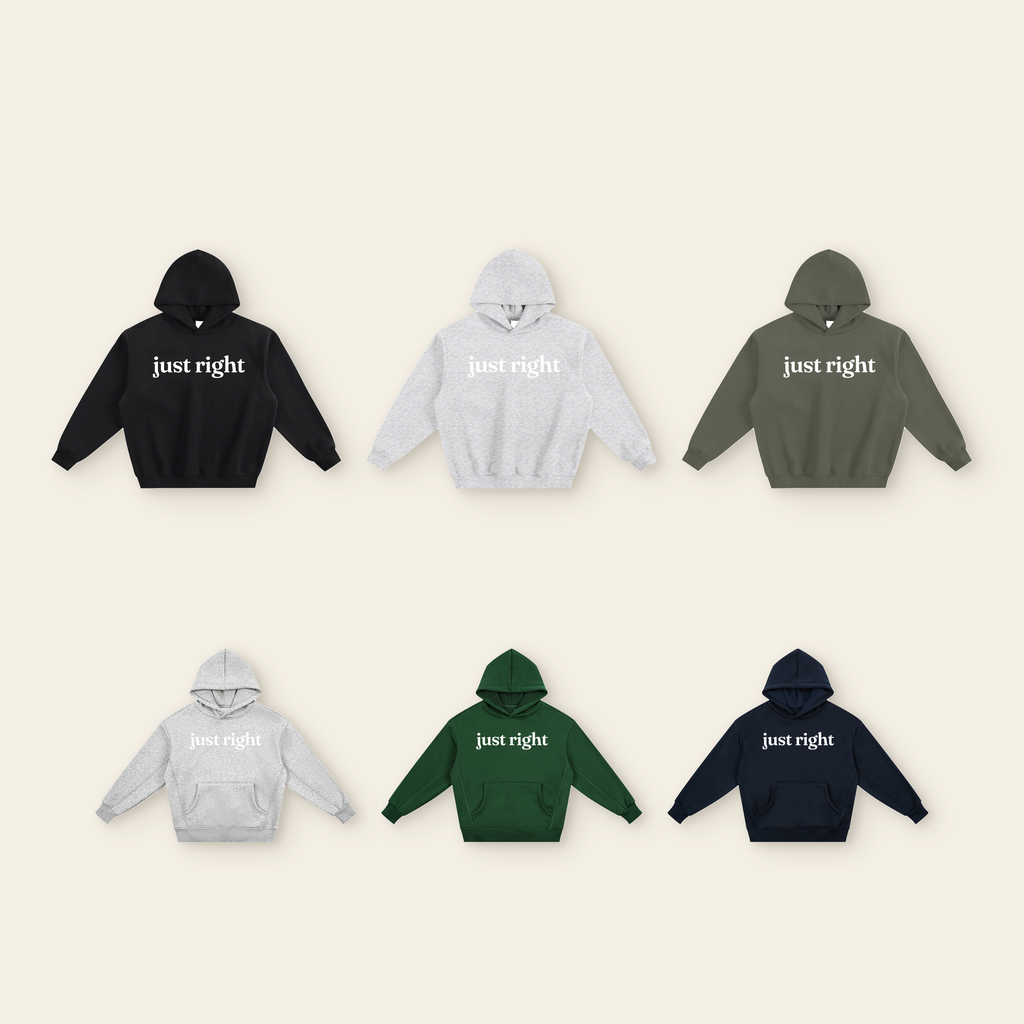 The Just Right Back Wave Hoodie Pair: every color — adult Black, Heather Gray, Olive Gray; kids Heather Gray, Dark Green, Navy Blue. Pick each on its own