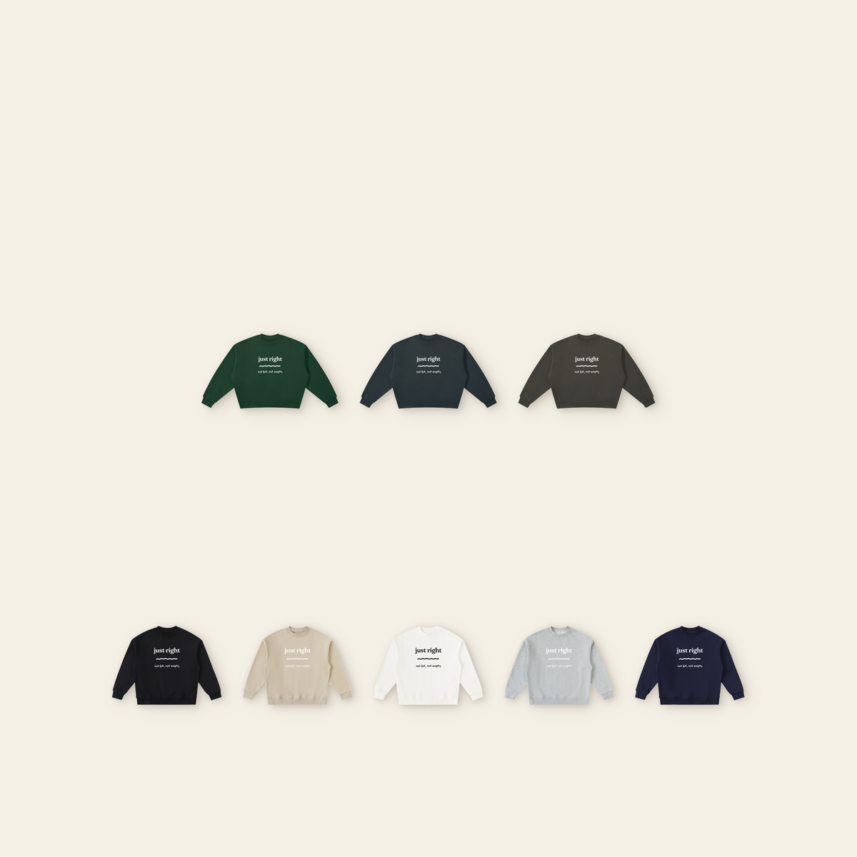 The Just Right Full Lettering Sweatshirt Pair: every color — adult Dark Green, Navy Blue, Dark Gray; kids Black, Khaki, Beige, Heather Gray, Navy Blue. Pick each on its own