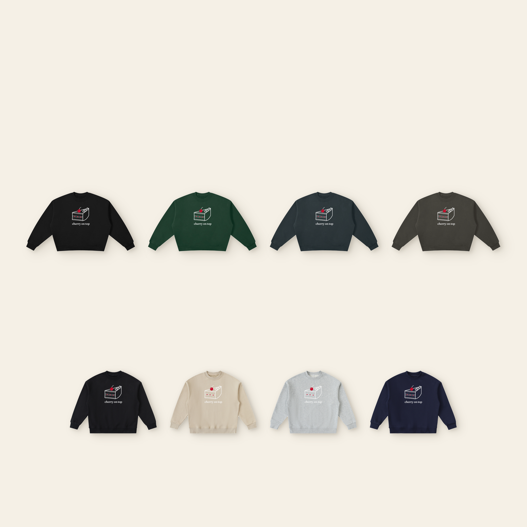 The Cherry on Top Cake Sweatshirt Pair: every color — adult Black, Dark Green, Navy Blue, Dark Gray; kids Black, Khaki, Heather Gray, Navy Blue. Pick each on its own