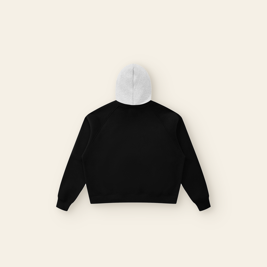 The Batce Lab Raglan Hoodie – Adult in Black / Heather Gray, back, laid flat