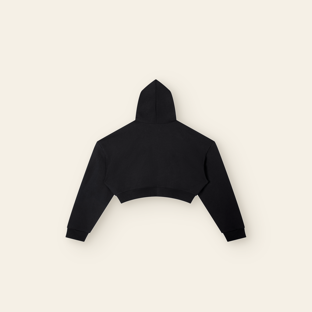 The Batce Cropped Hoodie – Women's in Black, back, laid flat