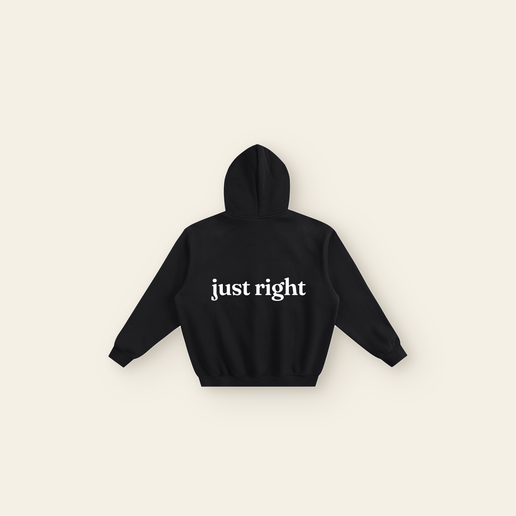 Just Right Back Lettering Boxy Fleece Hoodie – Adult in Black, back, laid flat