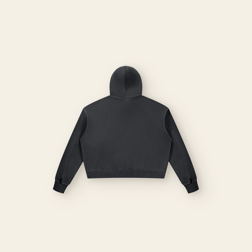 The Batce Hoodie – Women's in Black, back, laid flat