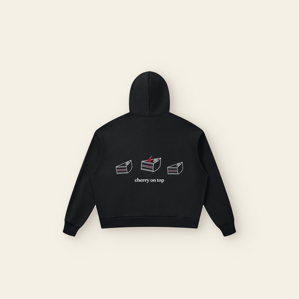 Cherry on Top Back Cake Zip Hoodie – Adult in Black, back, laid flat