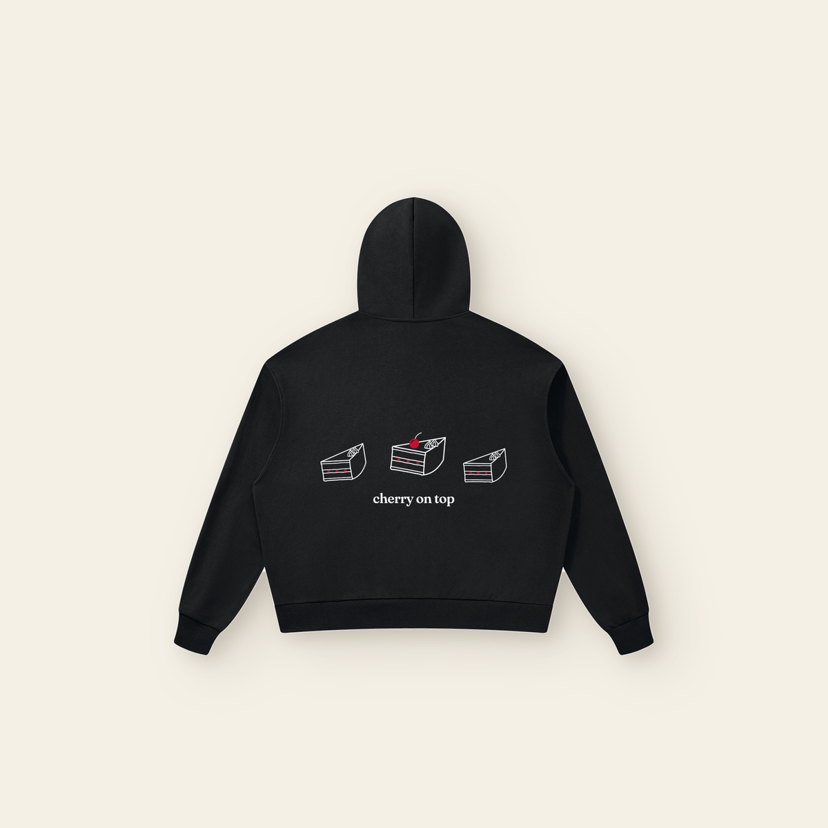 Cherry on Top Back Cake Zip Hoodie – Adult in Black, back, laid flat