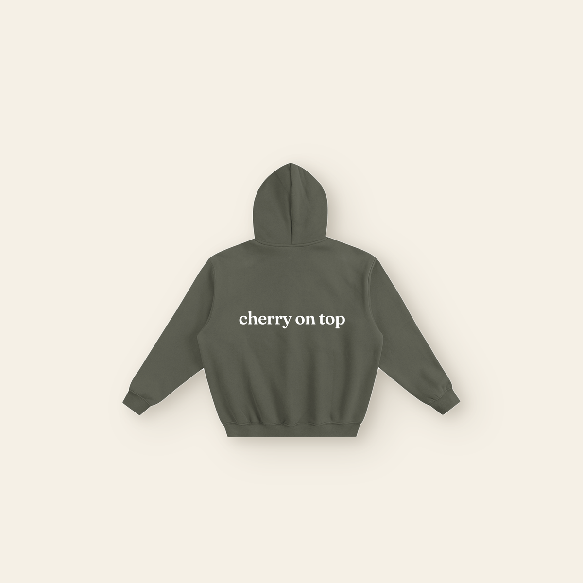 Cherry on Top Cakes Boxy Fleece Hoodie – Adult in Olive Gray, back, laid flat