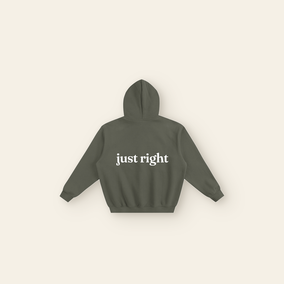 Just Right Back Lettering Boxy Fleece Hoodie – Adult in Olive Gray, back, laid flat