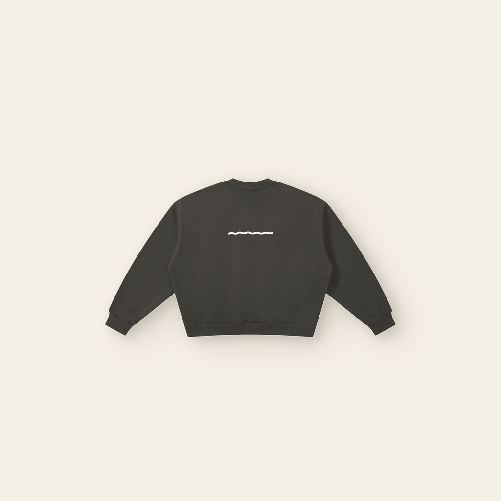 Just Right Lettering Wave Boxy Fleece Sweatshirt – Adult in Dark Gray, back, laid flat
