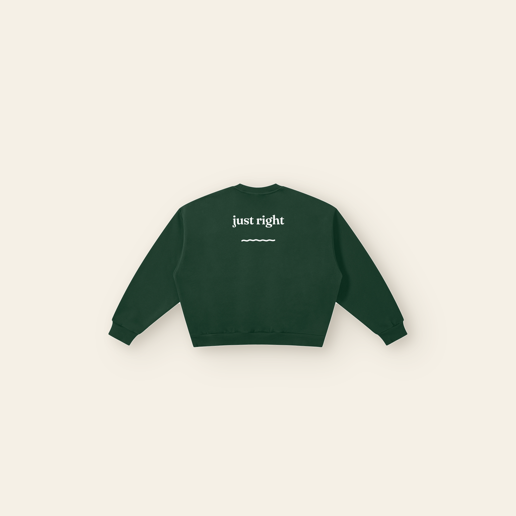 Just Right Boxy Fleece Sweatshirt – Adult in Dark Green, back, laid flat