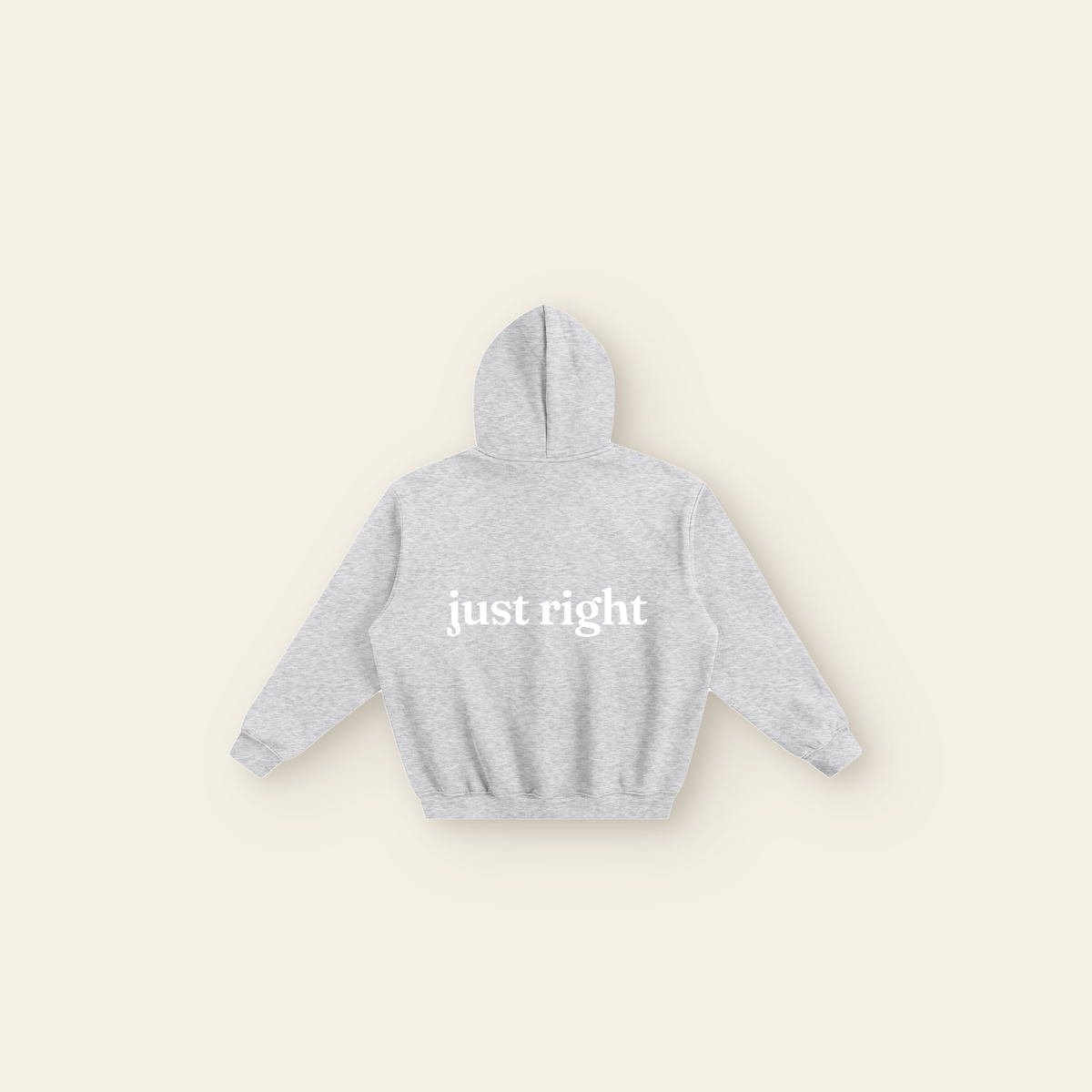 Just Right Back Lettering Boxy Fleece Hoodie – Adult in Heather Gray, back, laid flat