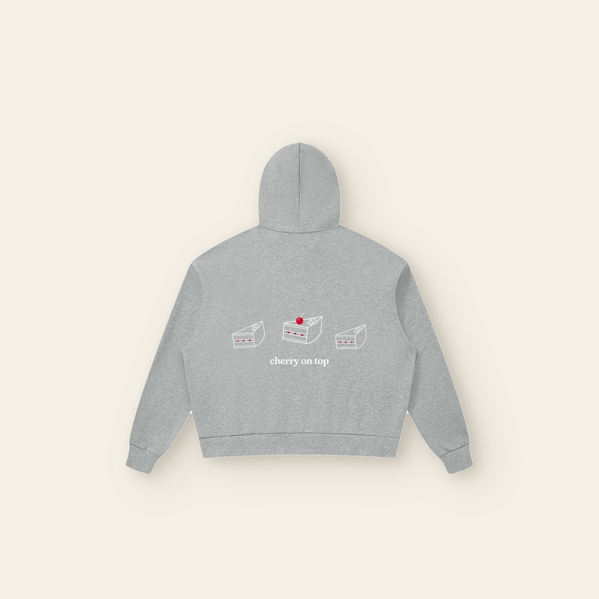 Cherry on Top Back Cake Zip Hoodie – Adult in Heather Gray, back, laid flat