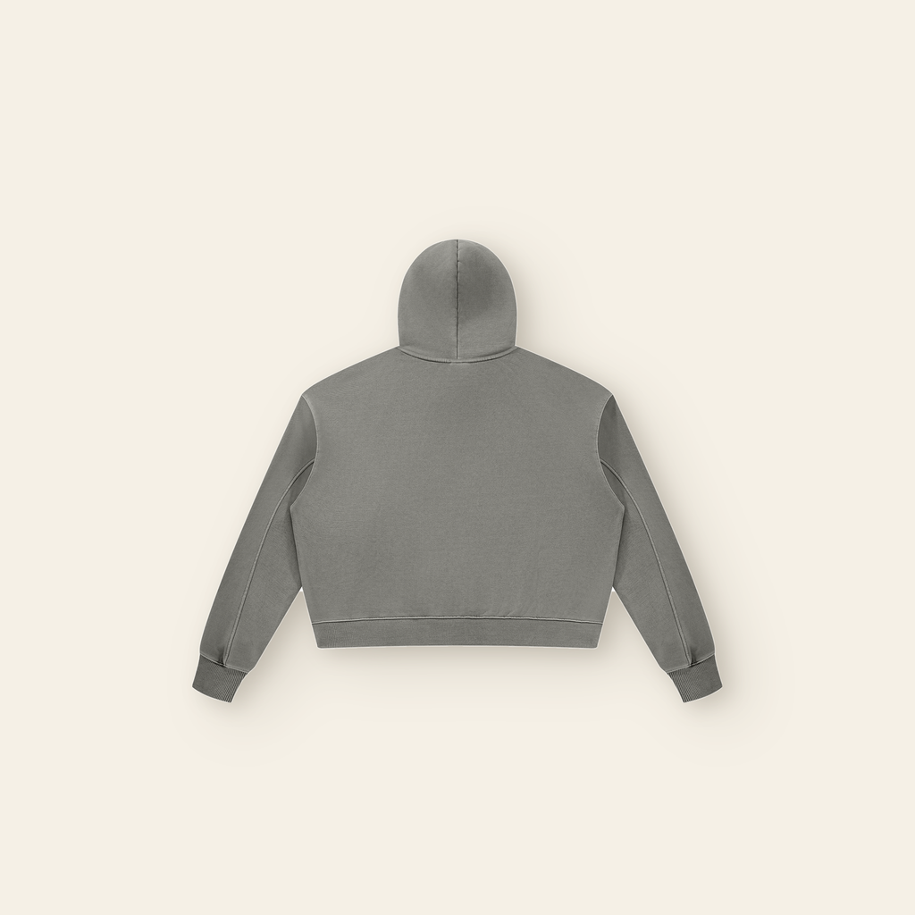 The Batce Hoodie – Women's in Light Gray, back, laid flat