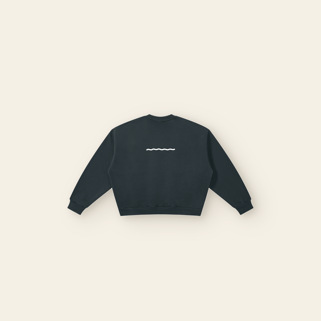 Just Right Lettering Wave Boxy Fleece Sweatshirt – Adult in Navy Blue, back, laid flat