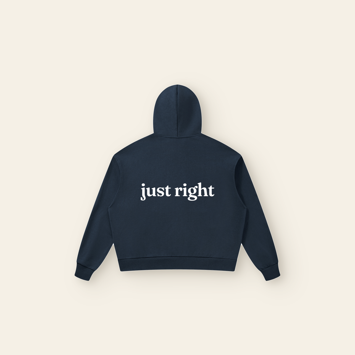 Just Right Back Lettering Zip Hoodie – Adult in Navy Blue, back, laid flat