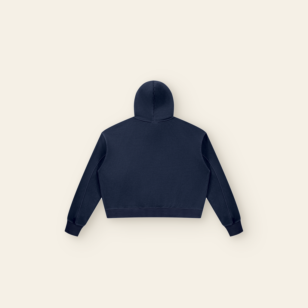 The Batce Hoodie – Women's in Navy Blue, back, laid flat
