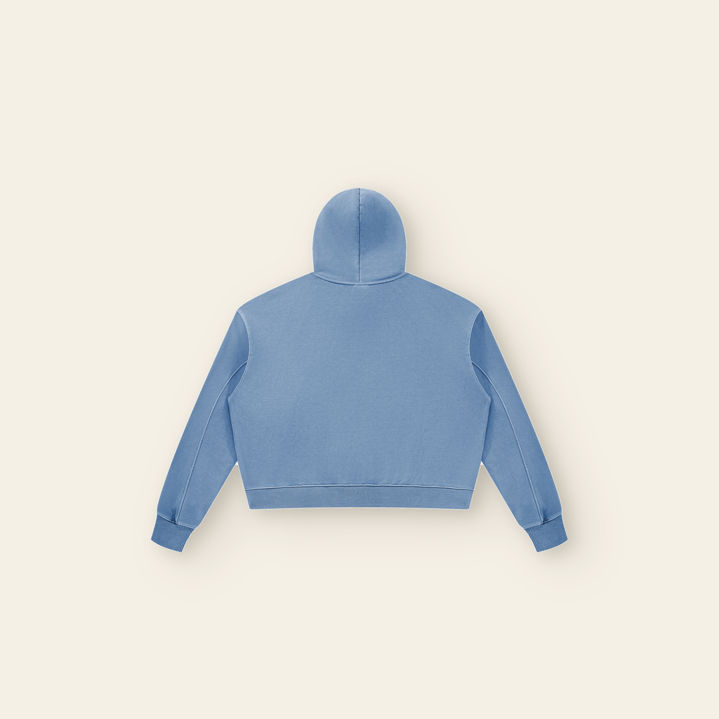 The Batce Hoodie – Women's in Slate Blue, back, laid flat