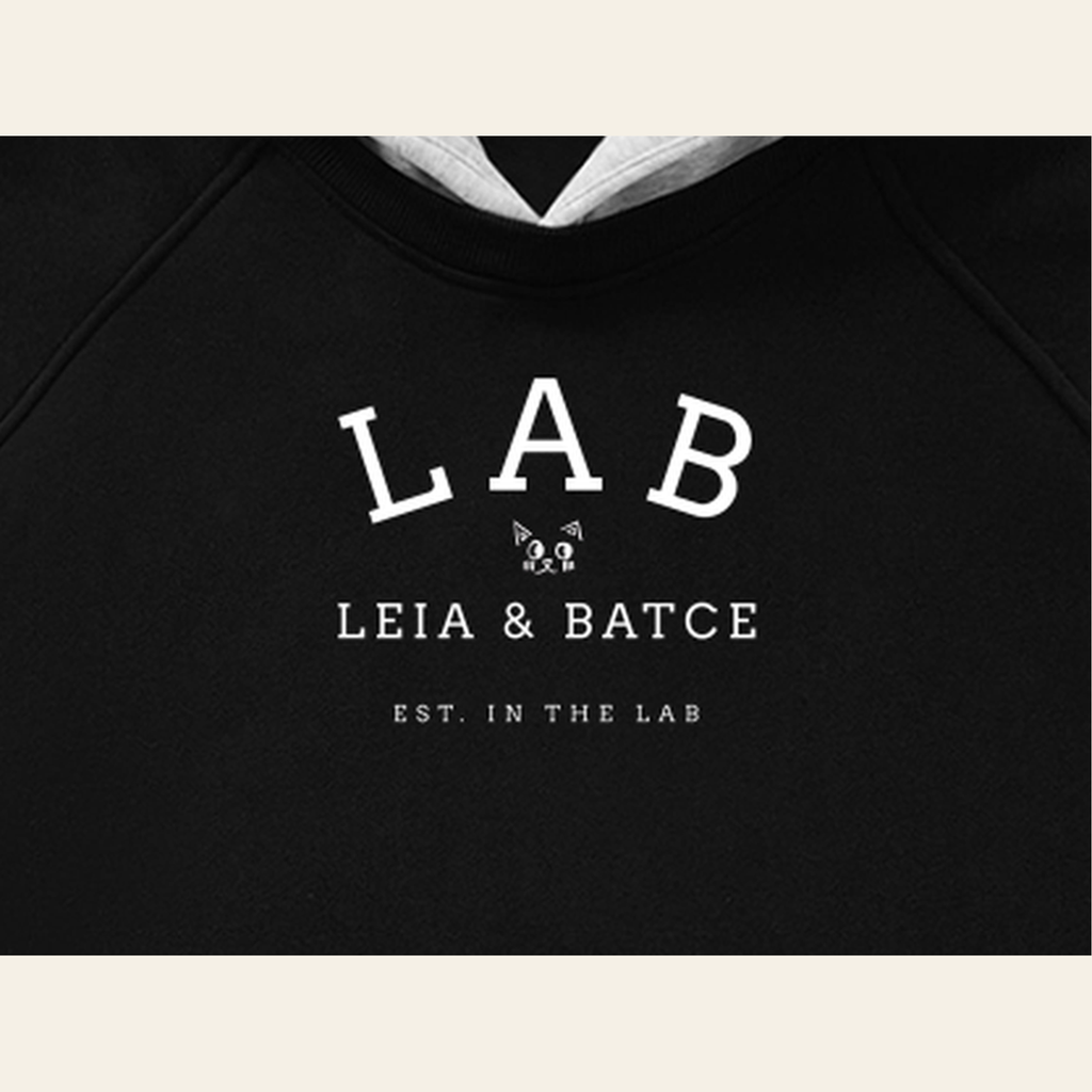 Close-up of the Batce Lab mark printed on the Black / Heather Gray hoodie