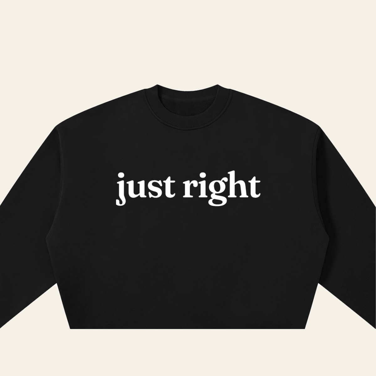 Close-up of the Just Right mark printed on the Black sweatshirt