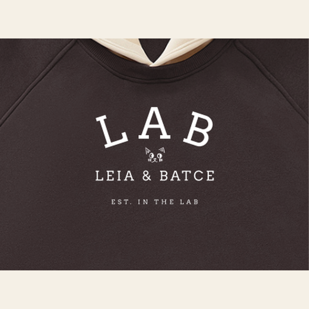 Close-up of the Batce Lab mark printed on the Brown / Peach hoodie