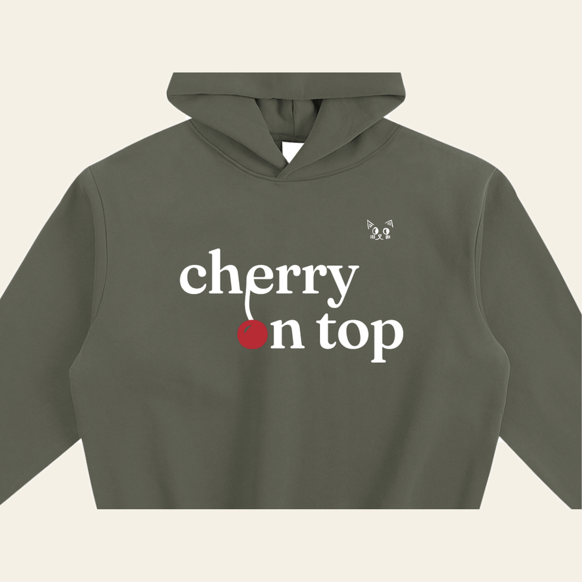 Close-up of the Cherry on Top mark printed on the Olive Gray hoodie