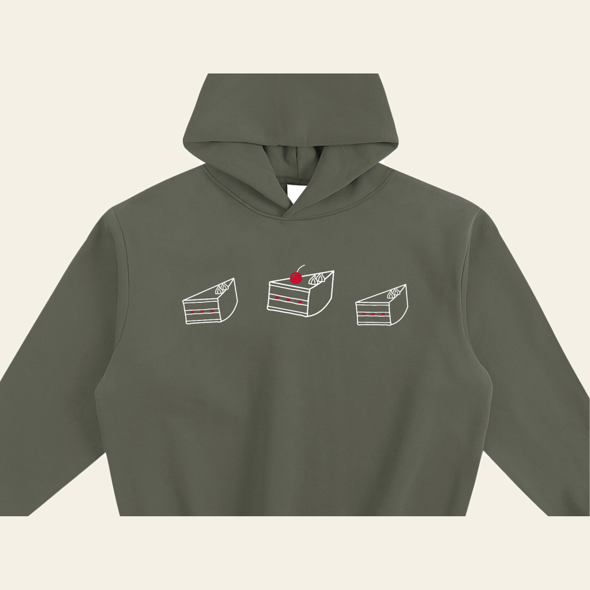 Close-up of the Cherry on Top mark printed on the Olive Gray hoodie
