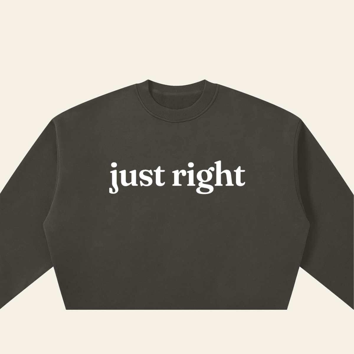Close-up of the Just Right mark printed on the Dark Gray sweatshirt