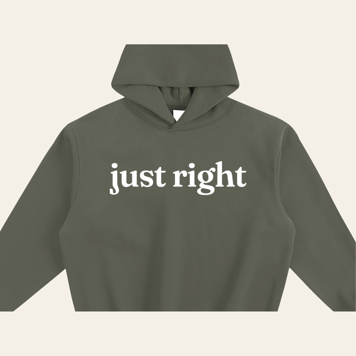 Close-up of the Just Right mark printed on the Olive Gray hoodie