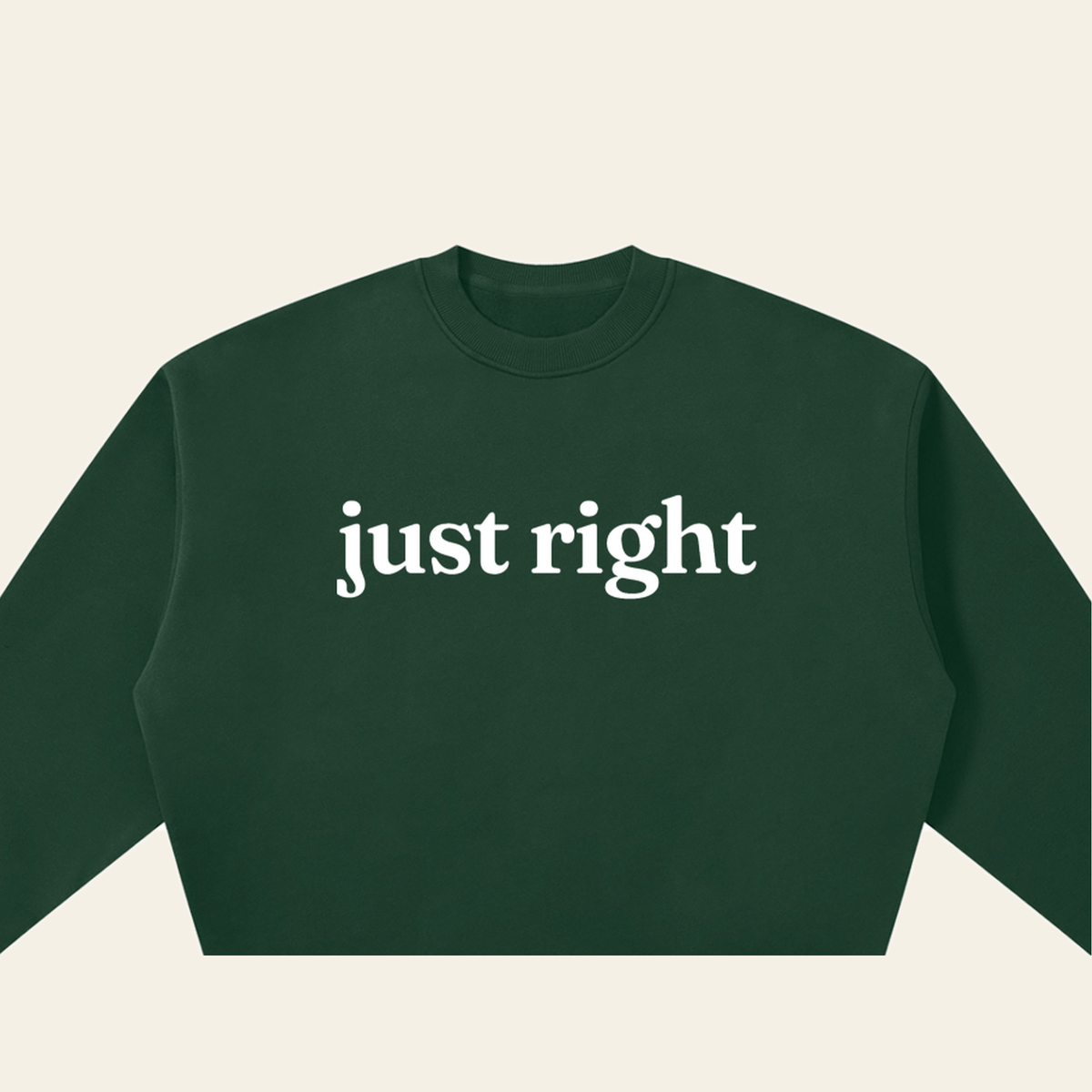 Close-up of the Just Right mark printed on the Dark Green sweatshirt