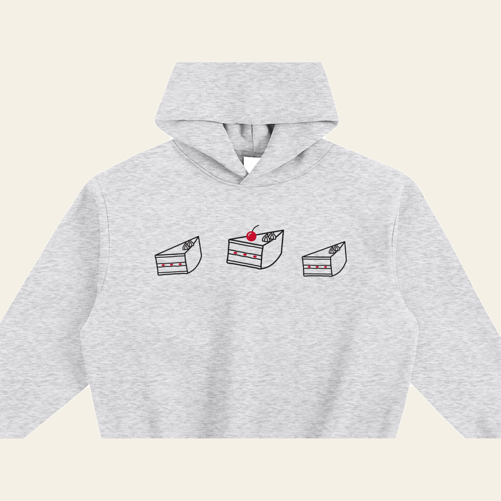 Close-up of the Cherry on Top mark printed on the Heather Gray hoodie