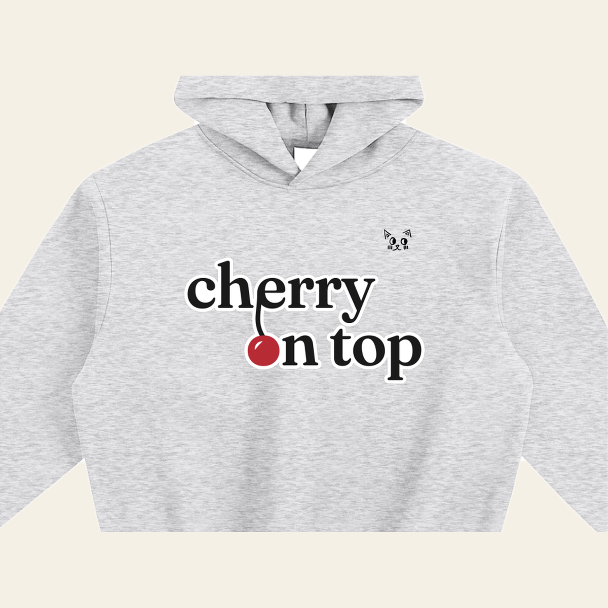 Close-up of the Cherry on Top mark printed on the Heather Gray hoodie