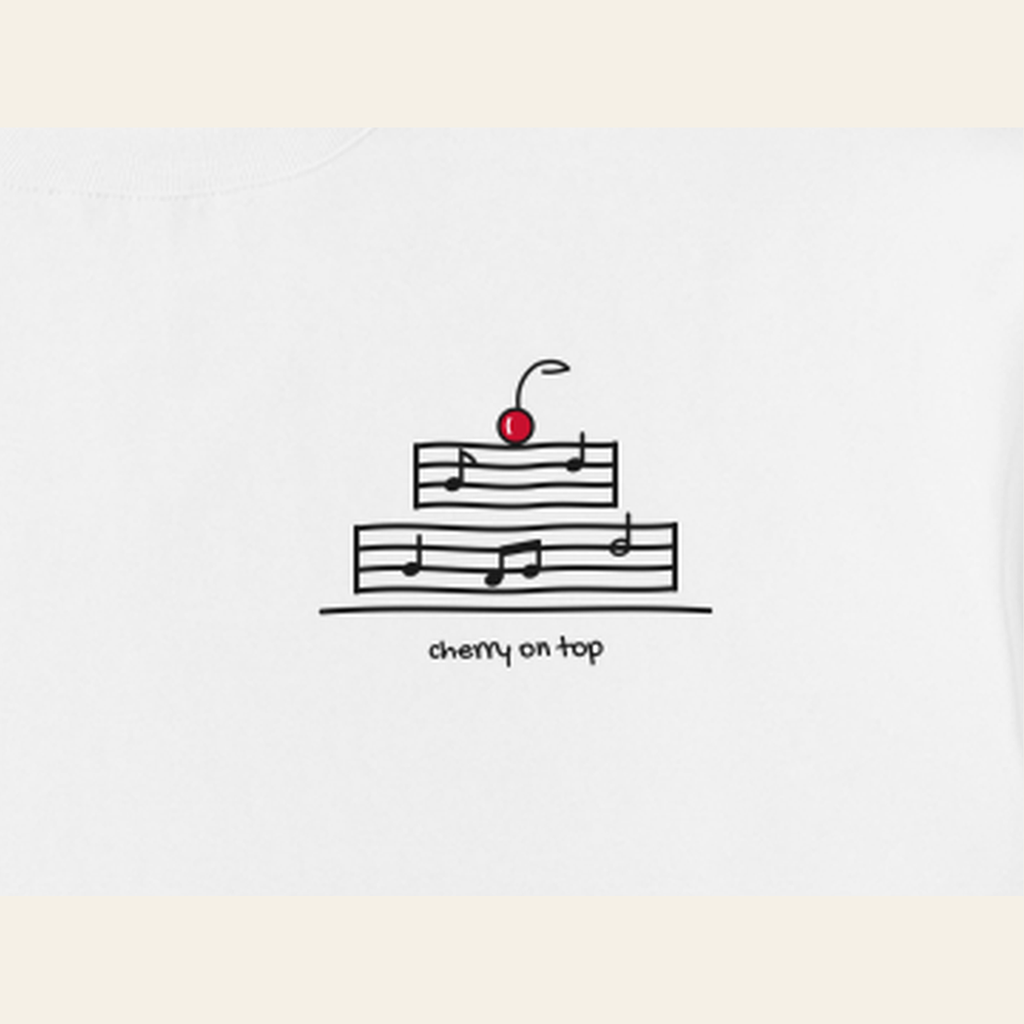 Close-up of the Cherry on Top mark printed on the White long-sleeve t-shirt