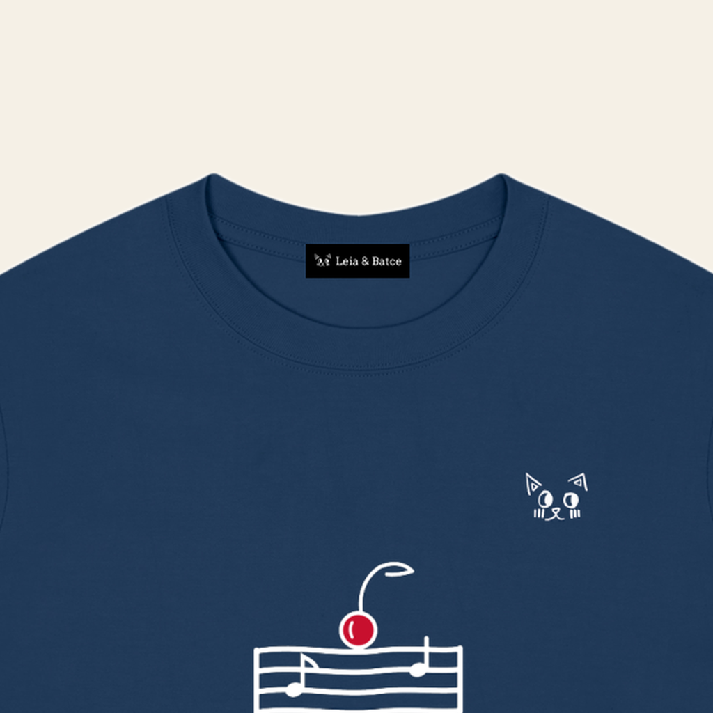 The Leia & Batce label sewn inside the back collar of the Navy Blue adult t-shirt