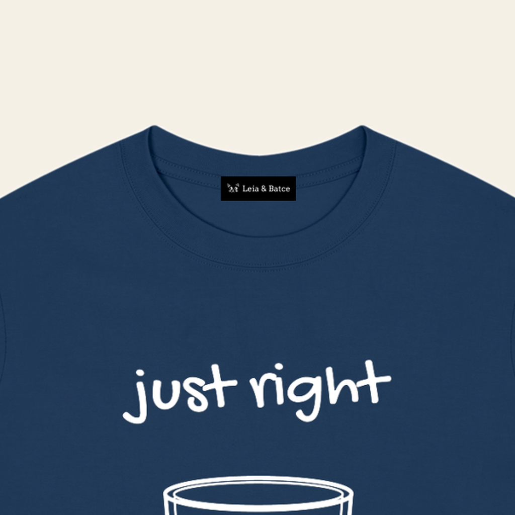 The Leia & Batce label sewn inside the back collar of the Navy Blue adult t-shirt