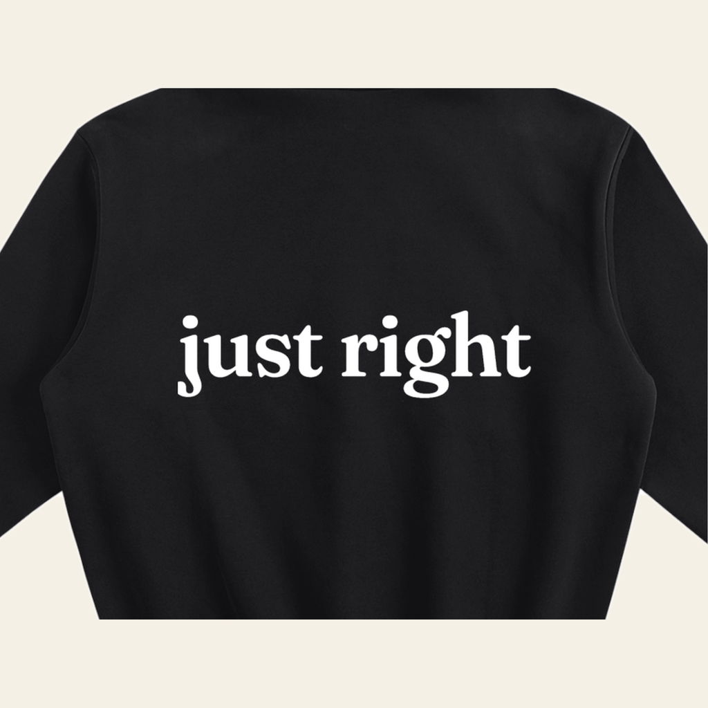 Close-up of the Just Right print on the back of the Black hoodie