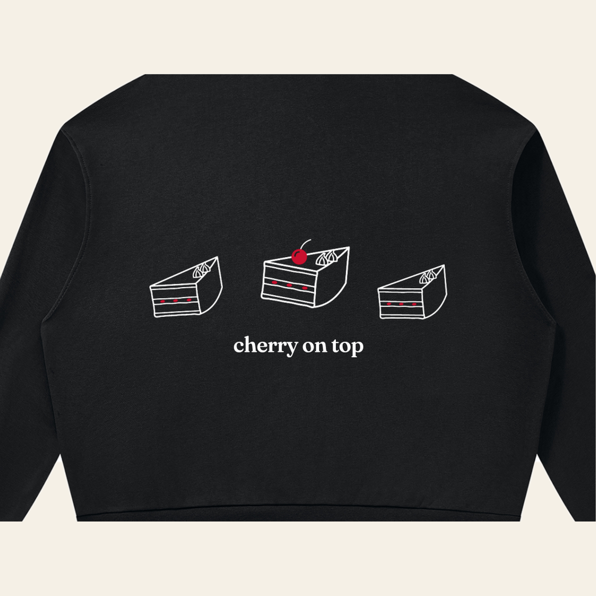 Close-up of the Cherry on Top print on the back of the Black zip hoodie