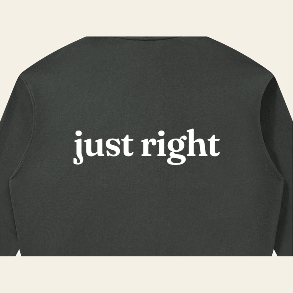 Close-up of the Just Right print on the back of the Dark Gray zip hoodie