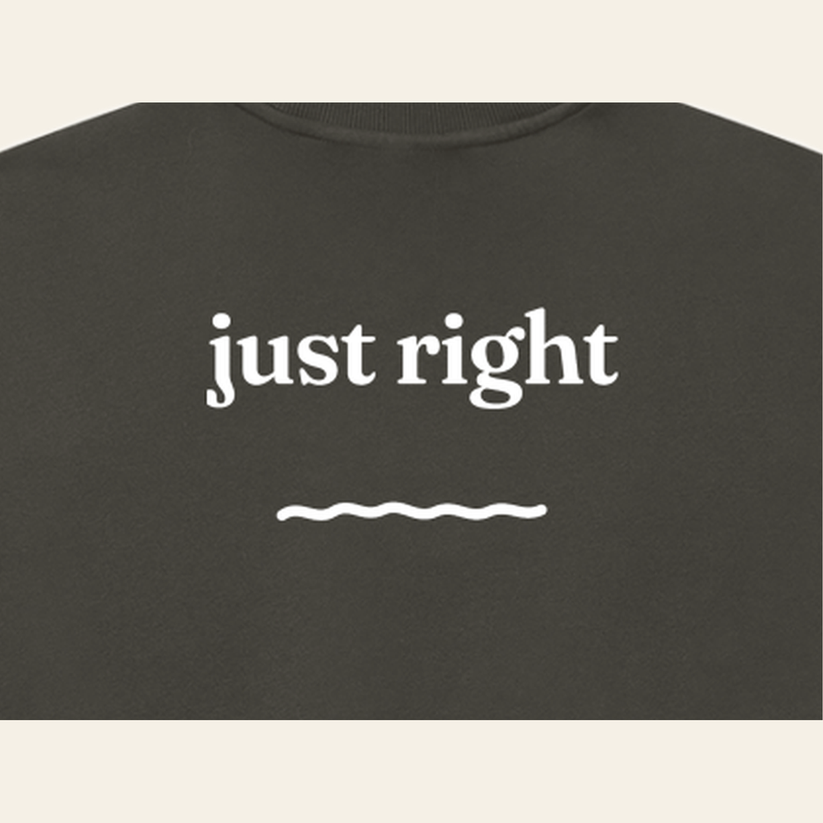 Close-up of the Just Right print on the back of the Dark Gray sweatshirt