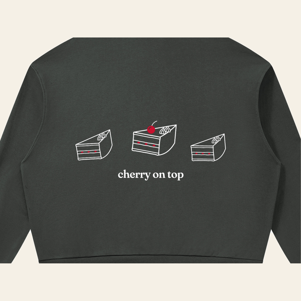 Close-up of the Cherry on Top print on the back of the Dark Gray zip hoodie