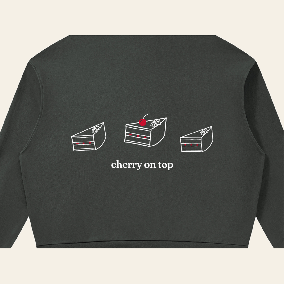 Close-up of the Cherry on Top print on the back of the Dark Gray zip hoodie
