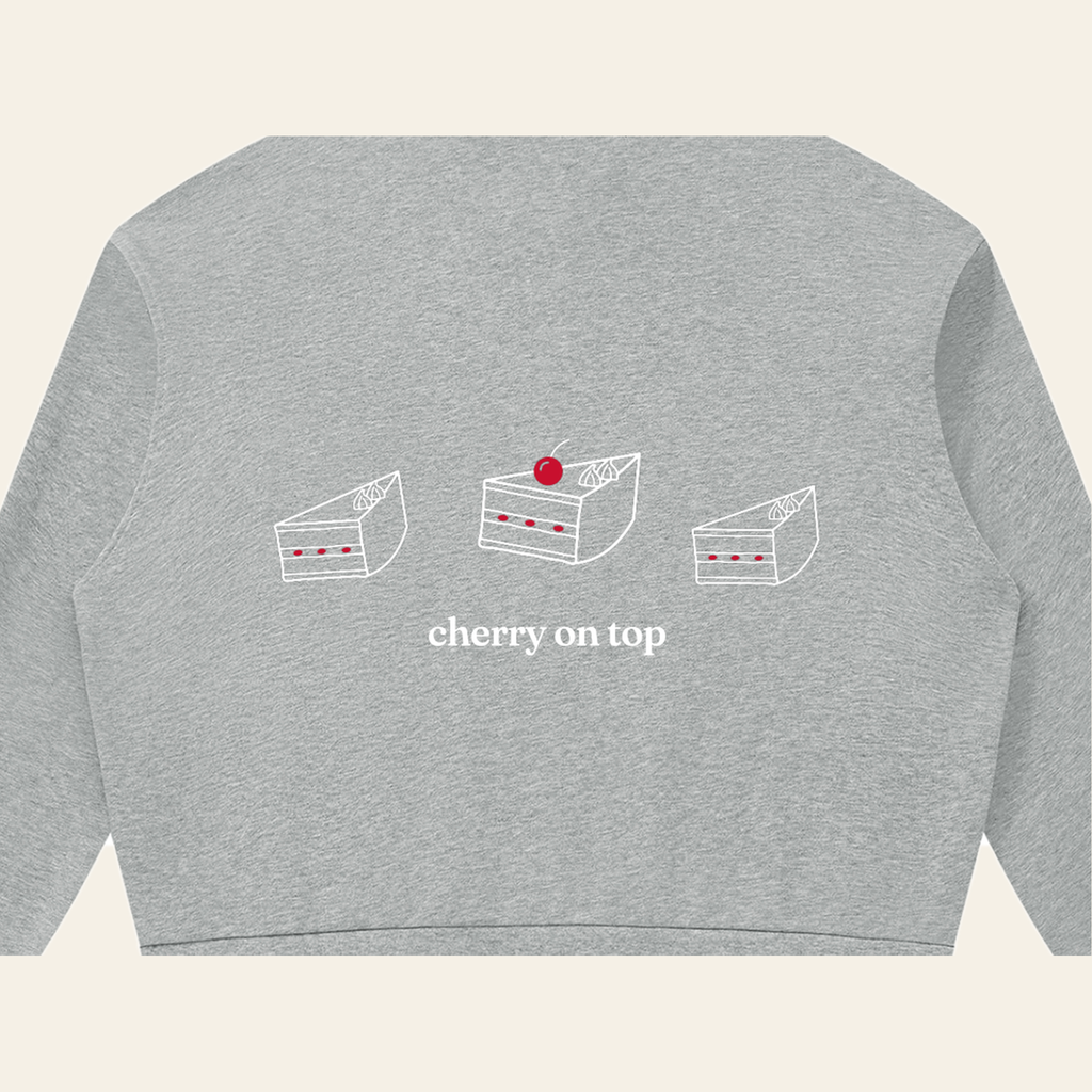 Close-up of the Cherry on Top print on the back of the Heather Gray zip hoodie