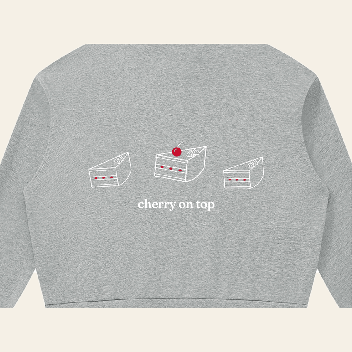 Close-up of the Cherry on Top print on the back of the Heather Gray zip hoodie