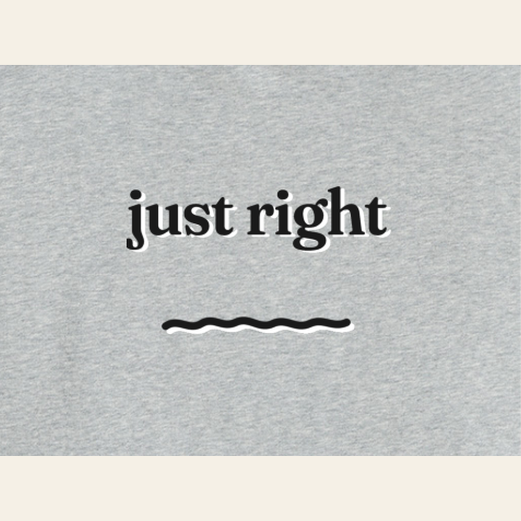 Close-up of the Just Right print on the back of the Heather Gray sweatshirt