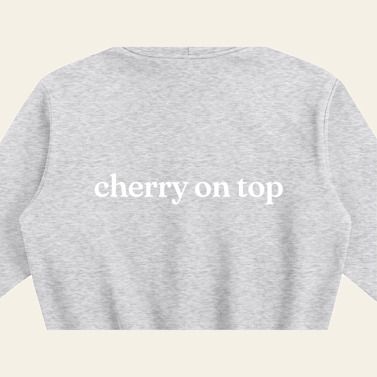 Close-up of the Cherry on Top print on the back of the Heather Gray hoodie