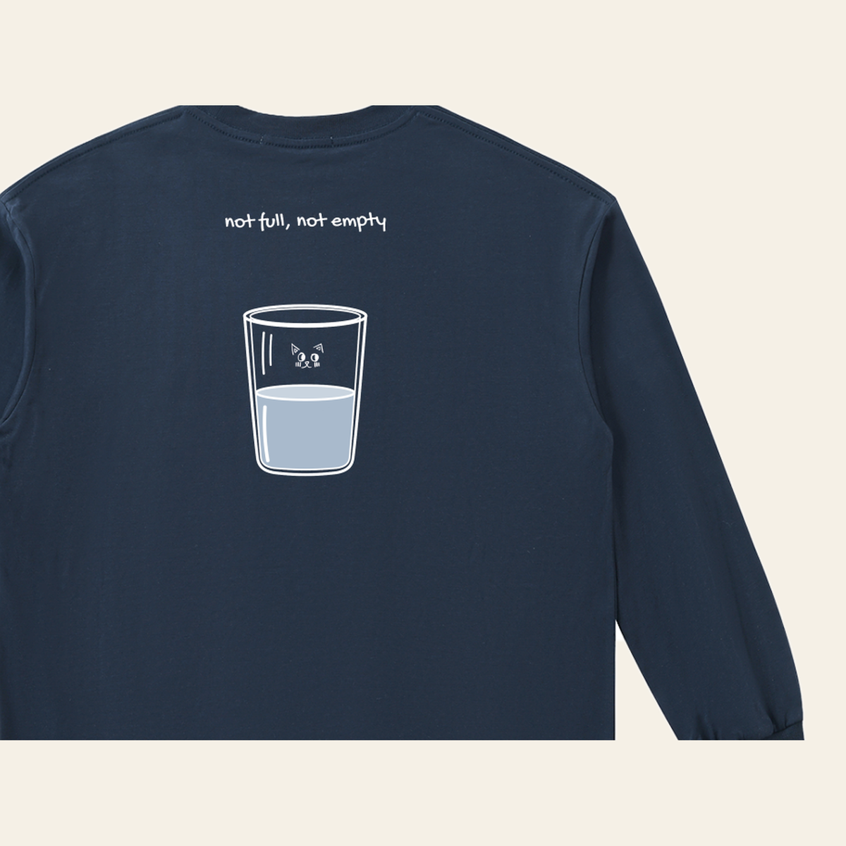 Close-up of the Just Right print on the back of the Navy Blue long-sleeve t-shirt